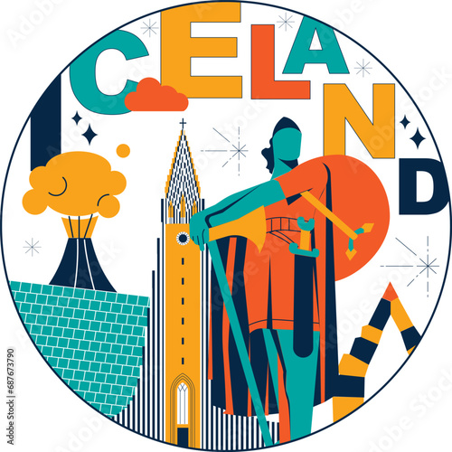 Typography word Iceland branding technology concept. Collection of flat vector web icons. Scandinavia culture travel set, famous architectures, specialties detailed silhouette European famous landmark