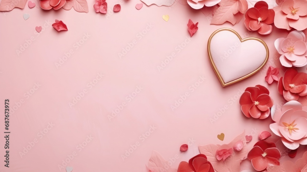 Abstract pink heart-shaped flower arrangement floating. Background  with hearts for Valentines day, Illustration. Generative AI