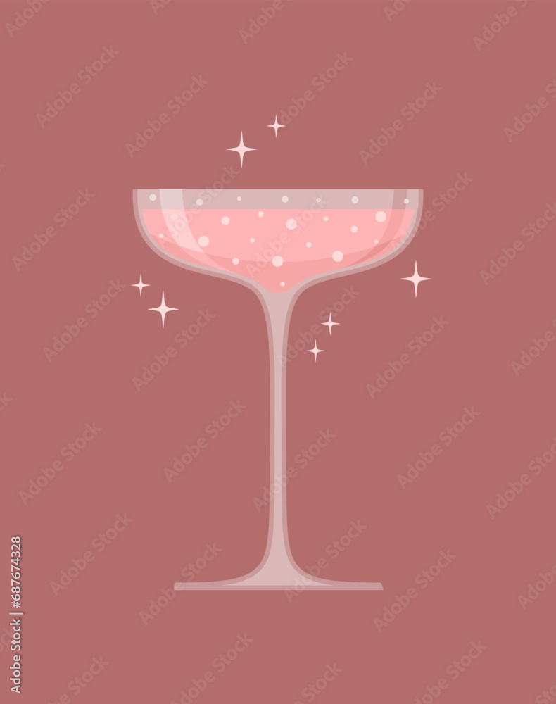 Coupe champagne glass with rose sparkling wine on a pale red background. Vector illustration in flat style - obrazy, fototapety, plakaty 