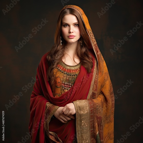 Young Woman in Traditional Clothing Looking at the Camera Indoors