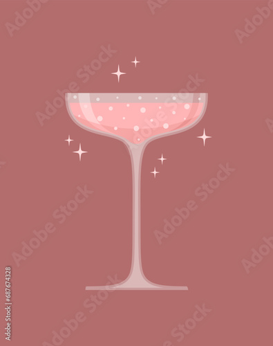 Coupe champagne glass with rose sparkling wine on a pale red background. Vector illustration in flat style photo