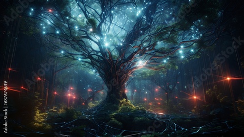 A cybernetic forest with trees intertwined with glowing data streams and circuits.