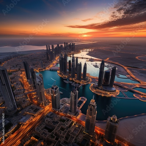 Aerial View of a Cityscape with Skyscrapers at Sunset