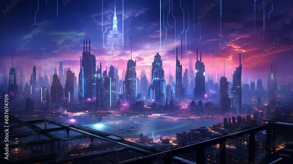 A cyberpunk city skyline with towering skyscrapers and holographic advertisements.