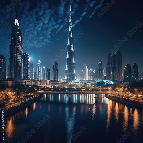 City Skyline Illuminated at Dusk with Reflection in Water