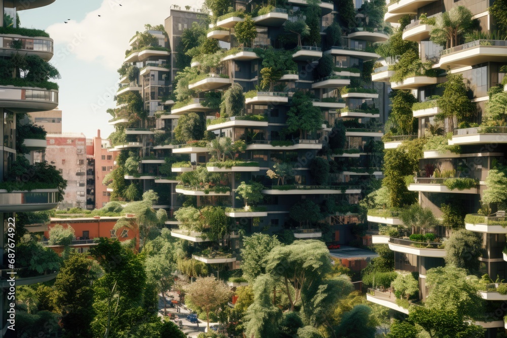 Obraz premium A picture of a very tall building covered in lush green trees. This image can be used to depict urban nature, architectural design, or a blend of nature and man-made structures