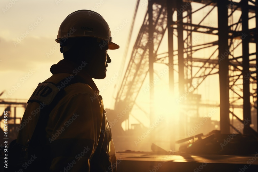 A man wearing a hard hat stands confidently in front of a towering crane. This image can be used to depict construction, engineering, or industrial themes