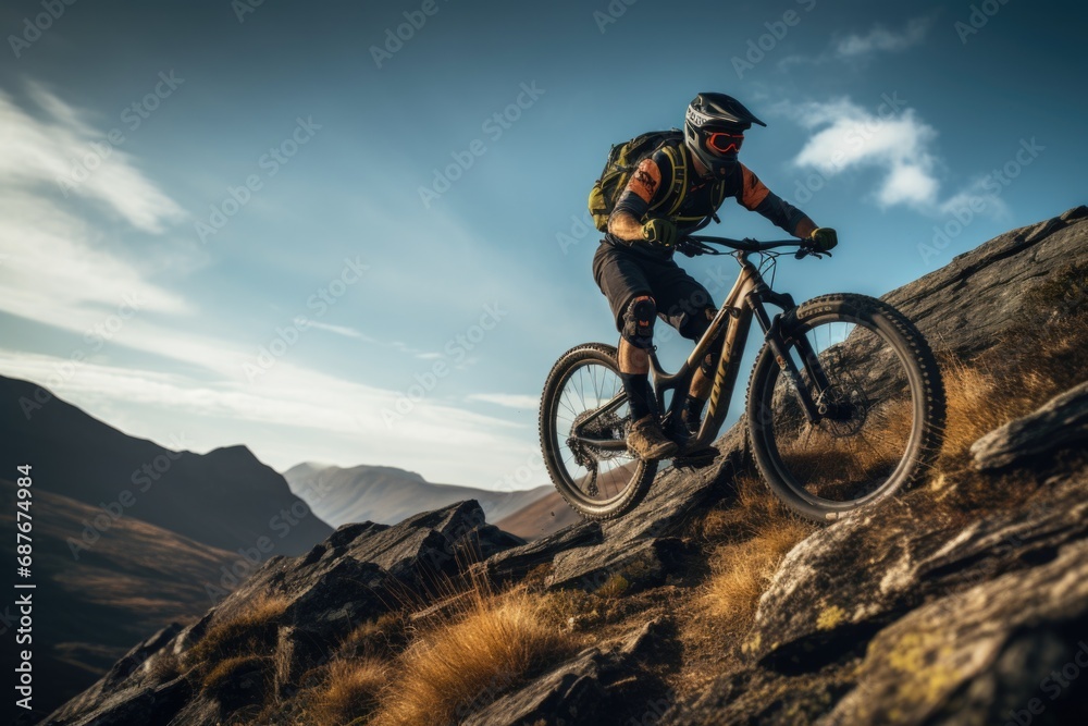 A man is seen riding a mountain bike on a rocky trail. This image can be used to depict outdoor activities or adventure sports