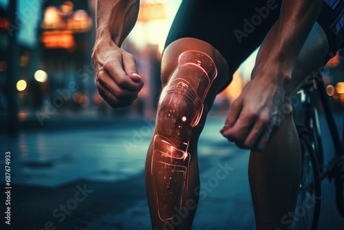 A close up image of a person with a knee injury while riding a bike. This picture can be used to illustrate the potential risks and injuries associated with cycling © Ева Поликарпова
