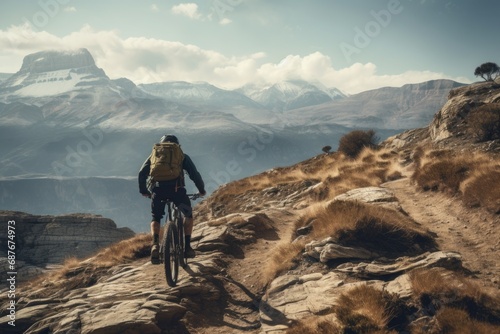 A person riding a bike on a rocky trail. Ideal for outdoor adventure and extreme sports concepts © Ева Поликарпова