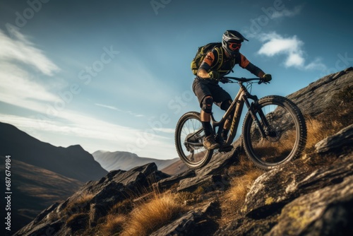A man is seen riding a mountain bike on a rocky trail. This image can be used to depict outdoor activities or adventure sports © Ева Поликарпова