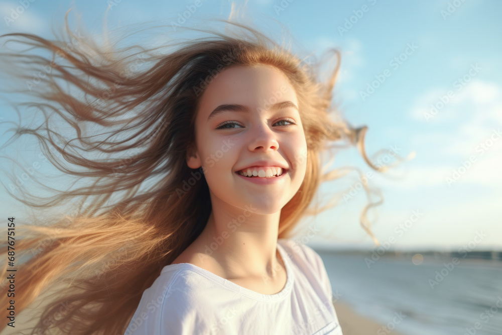 A young girl smiles with her hair blowing in the wind A young girl smiles with her hair blowing in the wind