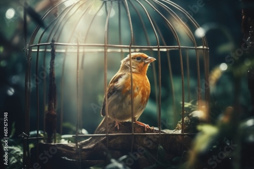 Photo A small yellow bird sitting in a cage