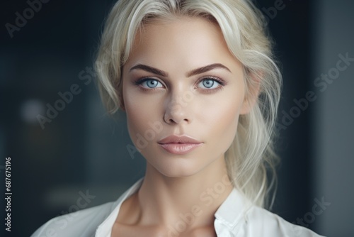 A stunning blond woman with captivating blue eyes posing for a picture. Perfect for portraits and beauty shots