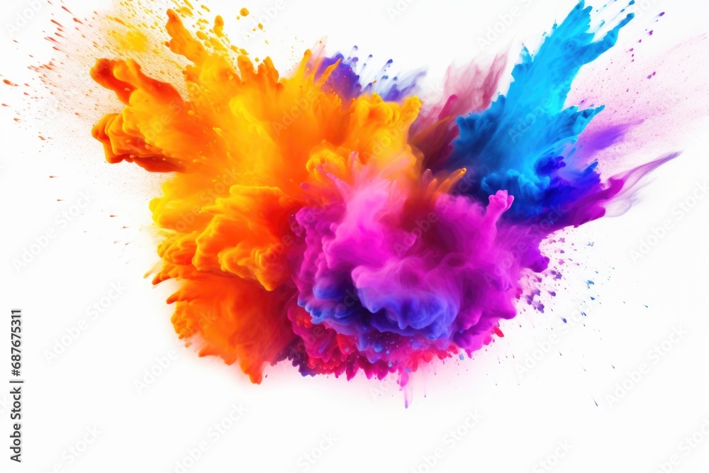 A vibrant explosion of colored powder against a clean white backdrop. Perfect for adding a burst of color and excitement to any project or event
