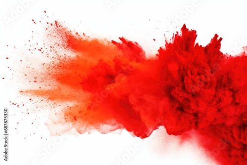 A vibrant red cloud of powder against a clean white background. Ideal for use in celebrations and events.