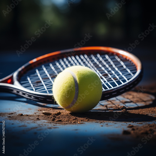 tennis racket and ball in close-up, showcasing the texture of the strings and the fuzzy surface of the ball.