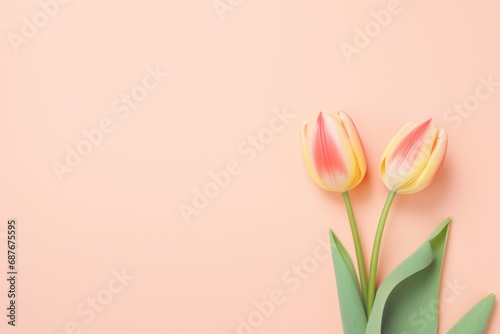 Two pink and yellow tulips on a pink background. Perfect for springtime or floral-themed designs