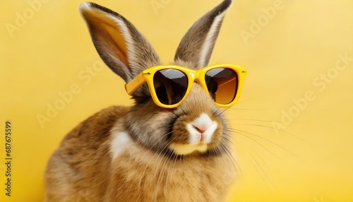 cute fluffy domestic rabbit with long ears wearing yellow stylish sunglasses against pastel yellow background