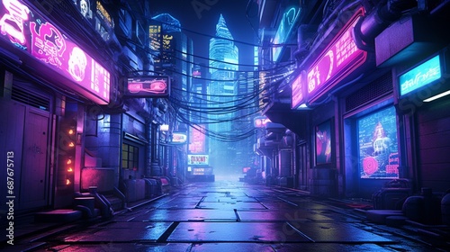 A cyberpunk-inspired alleyway with neon signs and holographic advertisements.