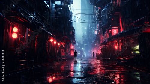 A cyberpunk-inspired alleyway with rain-soaked streets and neon reflections.