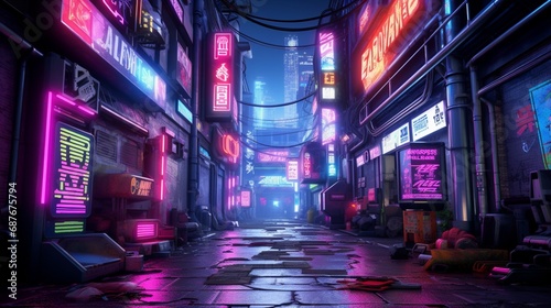 A cyberpunk-inspired alleyway with neon signs and holographic advertisements.