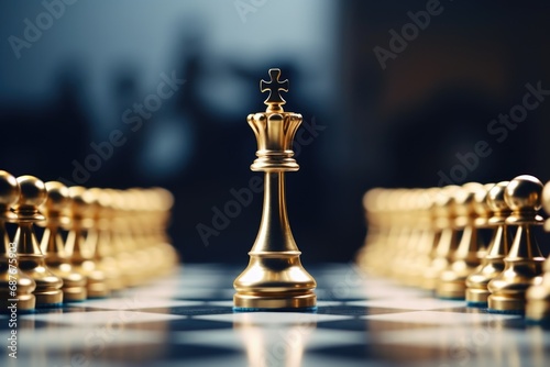 A golden king chess piece on a chess board. Suitable for strategic concepts and competition themes