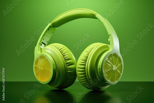 Green headphones with a refreshing lemon slice on top. Perfect for music lovers who want to add a touch of zest to their style