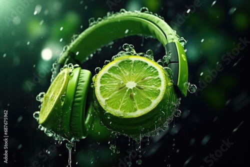 Green headphones with a slice of lemon. Perfect for music lovers and food enthusiasts alike