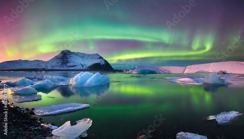 Icebergs Drifting in a Glacial Lagoon Under the Northern Lights 