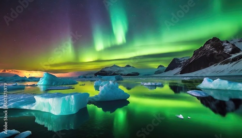 Icebergs Drifting in a Glacial Lagoon Under the Northern Lights 
