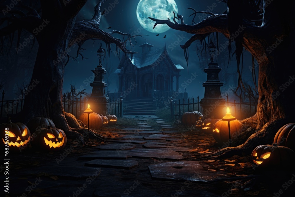 A spooky Halloween scene featuring pumpkins in the foreground. Perfect for creating a chilling atmosphere.
