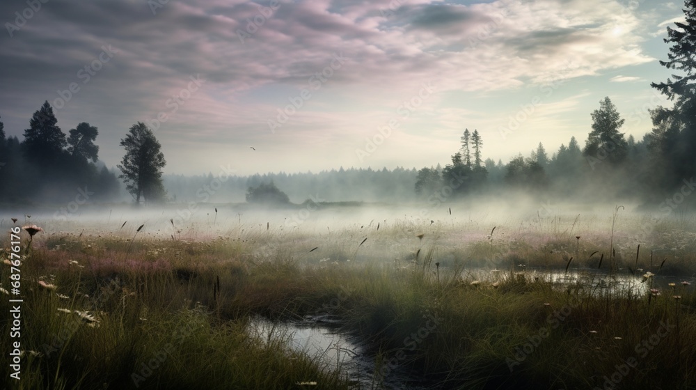 A dense fog rolling over a peaceful meadow, creating an otherworldly atmosphere.