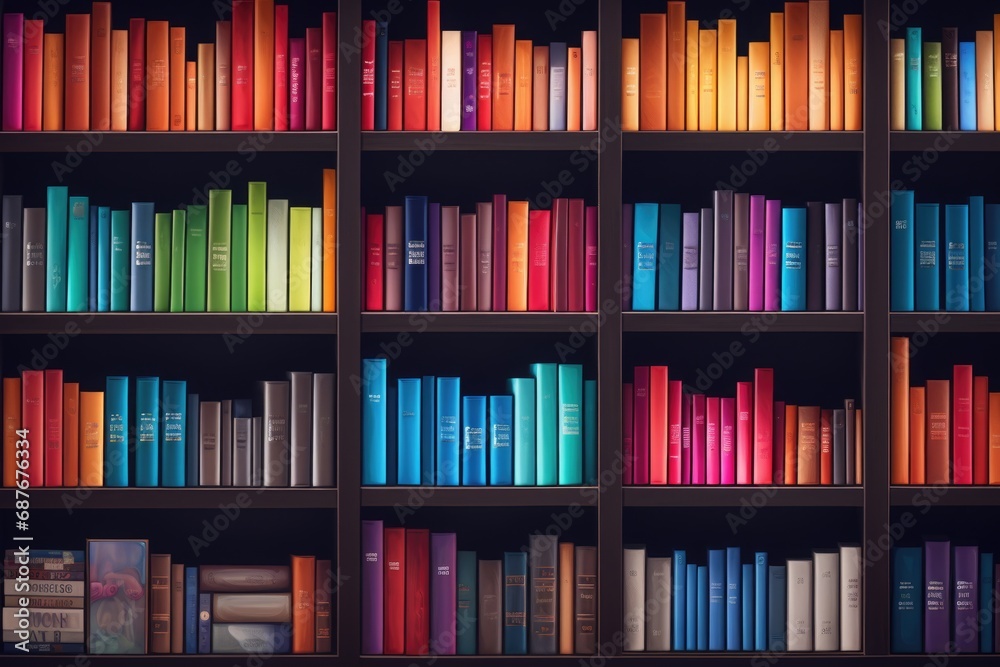 A bookshelf filled with lots of colorful books. Ideal for educational or interior design projects