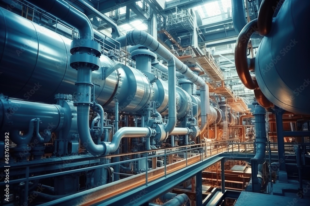 A large industrial pipe room with an abundance of pipes. This versatile image can be used to depict manufacturing, construction, infrastructure, or engineering