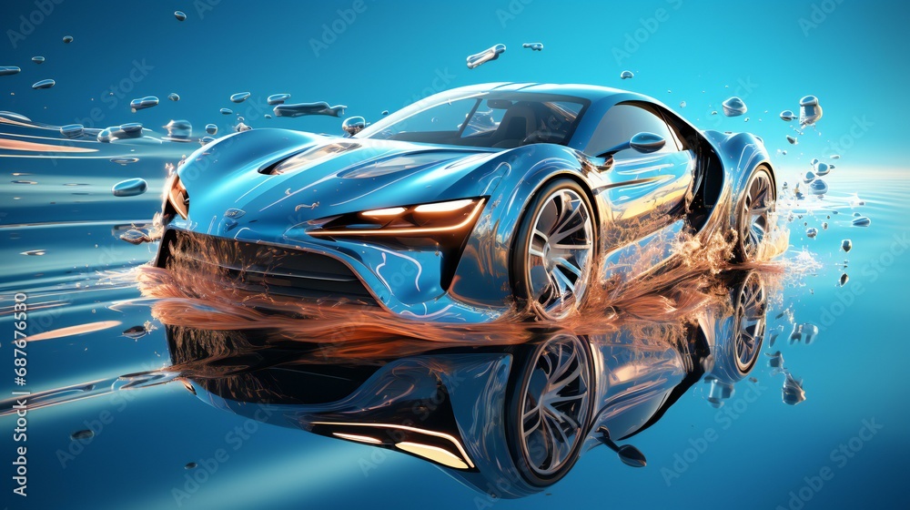 Dynamic image of a car driving through water, symbolizing speed, motion, and modern automotive design