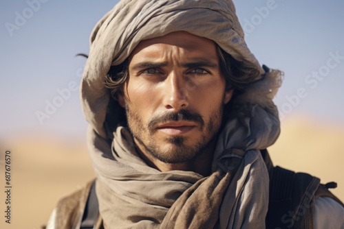 A man wearing a turban on his head standing in the desert. Perfect for travel or cultural-themed projects