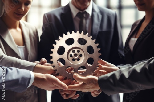 A group of business people holding a gear wheel. Suitable for business presentations and teamwork concepts