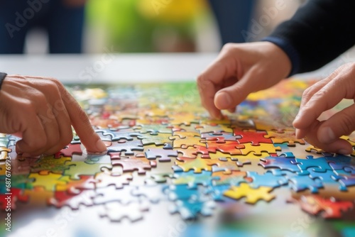 Two people are shown in a close-up, focusing on their hands as they put pieces of a puzzle together. This image can be used to represent teamwork, problem-solving, collaboration, or finding solutions
