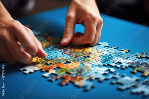 A person placing a piece of a puzzle on a table. Suitable for use in various projects