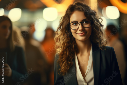 Woman with glasses standing in front of group of people. Suitable for business presentations and team meetings.