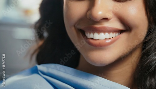 Perfect healthy teeth smile of young woman. Teeth whitening. Dental clinic patient