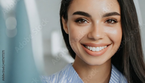 Perfect healthy teeth smile of young woman. Teeth whitening. Dental clinic patient photo