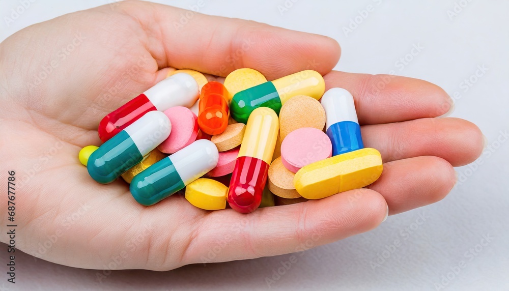 stack of multicolor pharmaceutical vitamin pills in hand stack of multicolor pharmaceutical vitamin pills in hand