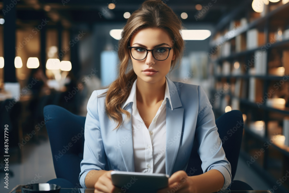 Fototapeta premium Woman sitting at table using tablet computer. Suitable for technology and business-related concepts.