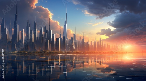 A futuristic city skyline at dawn with the first light breaking through the skyscrapers.