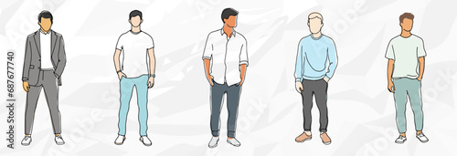 Attraktive Stilikonen: Lineart Vektorgrafik-Bundle von jungen Männern in stylischen Outfits