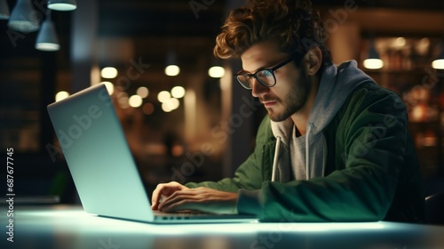 A businessman working late at night on his laptop  emphasizing the connection between technology and professional success