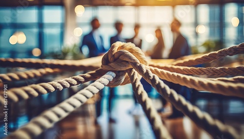 teamwork concept as a business metaphor for joining a partnership synergy and cohesion as diverse ropes connected together in interdependence photo