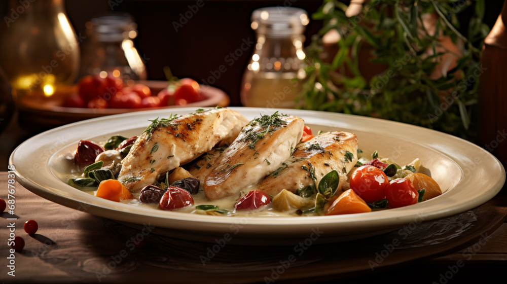 Creamy Mediterranean chicken on an old Mediterranean table and dishes, ai generative Creamy Mediterranean chicken on an old Mediterranean table and dishes, ai generative